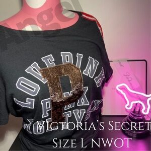 Victoria’s Secret Pink Bling Sequin Logo Shirt Bedazzled Size Large Y2K mcbling
